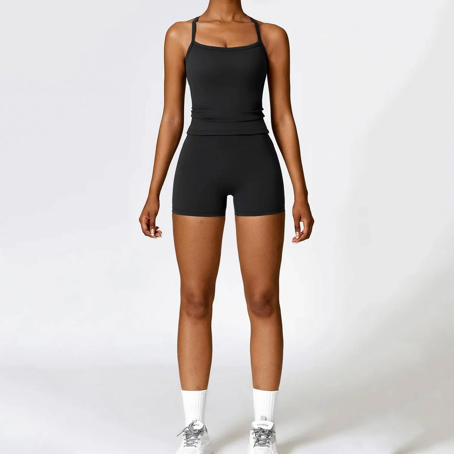 Elenora Cross-Back Strappy Tank Top and Shorts Set