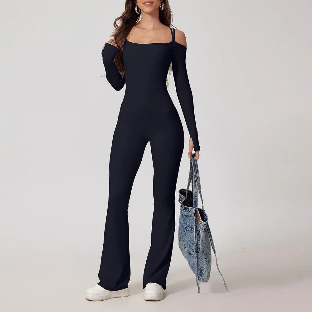 Nova Low Shoulder Strap Detail Flare Jumpsuit