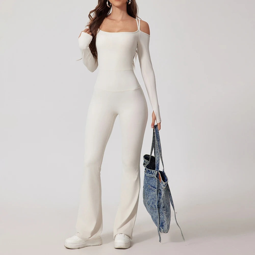 Nova Low Shoulder Strap Detail Flare Jumpsuit